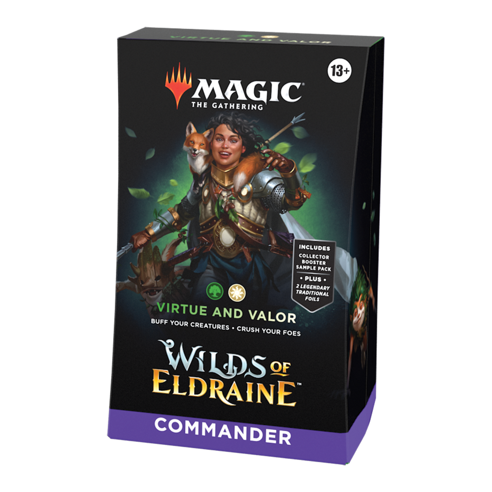 Magic: The Gathering - Wilds of Eldraine - Virtue and Valor Commander Deck - The Gathering Wilds of Eldraine Virtue and Valor Commander Deck box featuring a female warrior in armor holding a sword,.