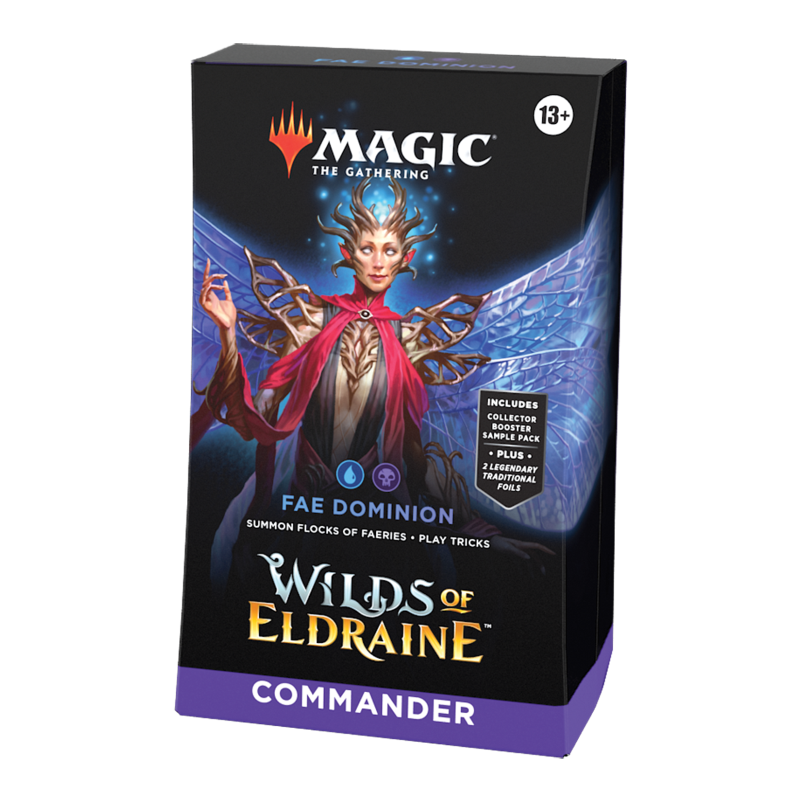 Magic: The Gathering - Wilds of Eldraine - Fae Dominion Commander Deck - The Gathering Wilds of Eldraine Fae Dominion Commander Deck box with fantasy fae figure, black and purple color scheme, and.