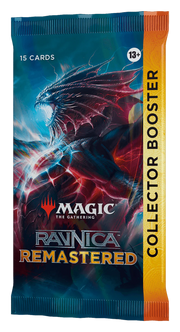 Magic: The Gathering - Ravnica Remastered - Collector Booster Pack - The Gathering Ravnica Remastered booster pack featuring a fierce dragon illustration with blue and red tones.