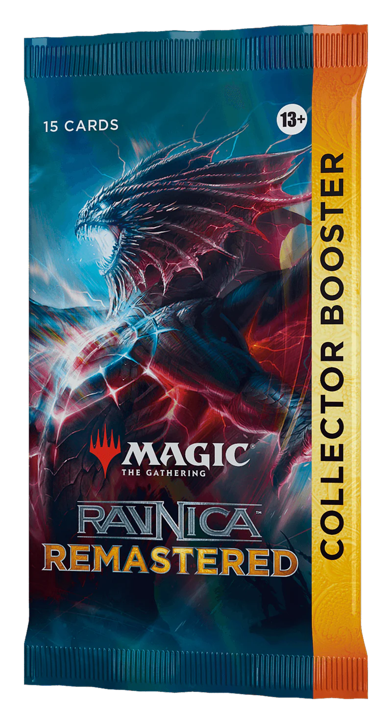 Magic: The Gathering - Ravnica Remastered - Collector Booster Pack - The Gathering Ravnica Remastered booster pack featuring a fierce dragon illustration with blue and red tones.
