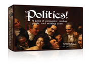 Politics! - Politics! board game box featuring illustrated faces of six diverse people with varied expressions on a dark brown.
