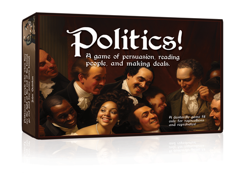 Politics! - Politics! board game box featuring illustrated faces of six diverse people with varied expressions on a dark brown.