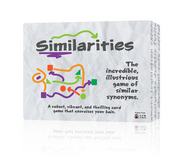 Similarities - White rectangular game box with colorful abstract shapes and arrows, titled Similarities, a party game about synonyms.