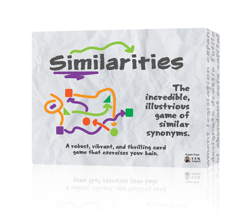 Similarities - White rectangular game box with colorful abstract shapes and arrows, titled Similarities, a party game about synonyms.