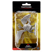 D&D Nolzur's Marvelous Miniatures: Manticore - Unpainted gray plastic miniature of a winged manticore with a lion’s body, bat-like wings, and a scorpion tail on a small.