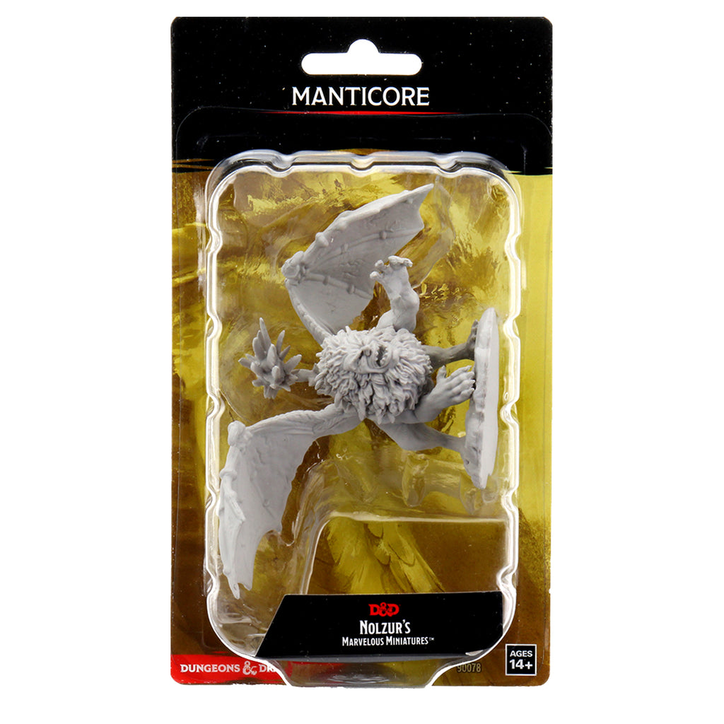 D&D Nolzur's Marvelous Miniatures: Manticore - Unpainted gray plastic miniature of a winged manticore with a lion’s body, bat-like wings, and a scorpion tail on a small.