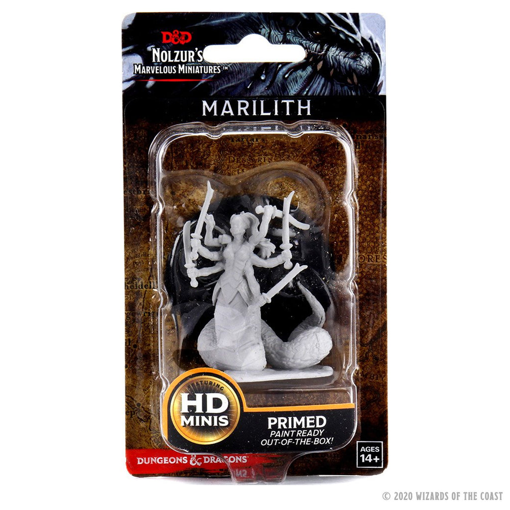 D&D Nolzur's Marvelous Miniatures: Marilith - Primed gray plastic fantasy mini figurine of Marilith demon with six arms holding swords in blister pack.