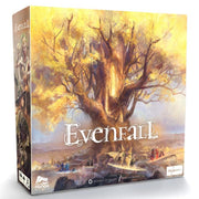 Evenfall - Board game box with fantasy landscape art featuring a large glowing tree and small human figures under a yellow sky, titled.
