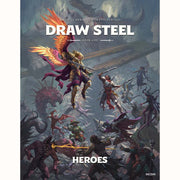 DRAW STEEL RPG: BOOK 1 HEROES - Dark fantasy RPG book cover featuring armored heroes battling monstrous creatures under a stormy sky.