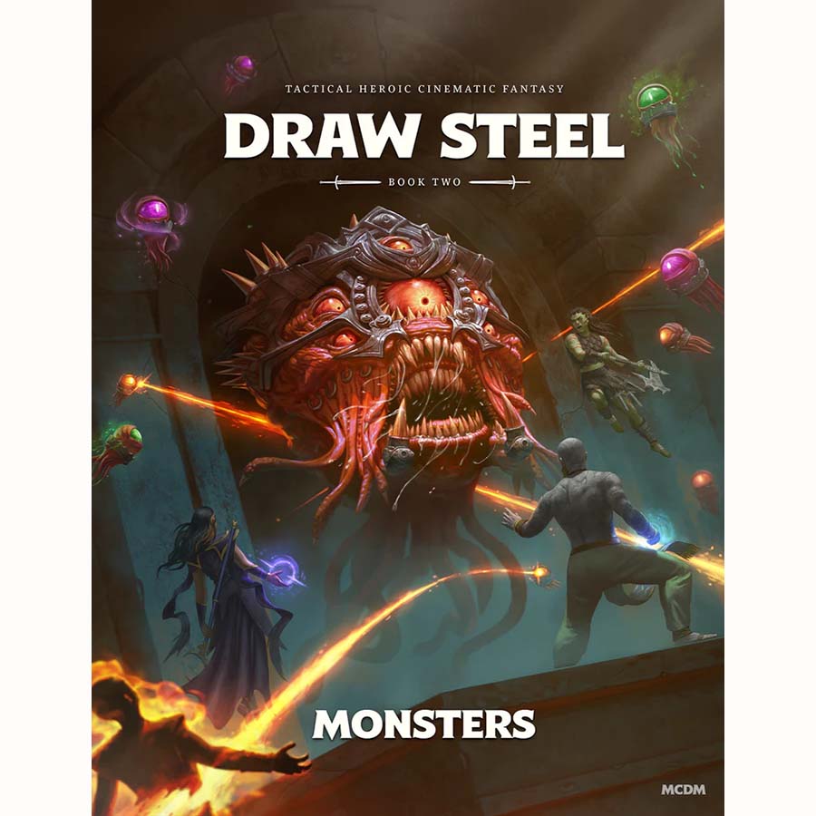 DRAW STEEL RPG: BOOK 2 MONSTERS - Dark fantasy book cover with a monstrous fiery-eyed creature and three armed figures in combat poses.