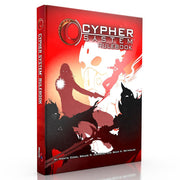 Cypher System 2nd Edition Rulebook - Red hardcover book titled Cypher System Rulebook featuring black and white shadowy fantasy characters on the cover.