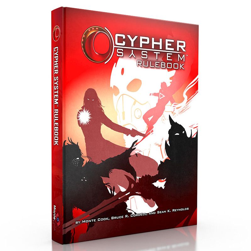 Cypher System 2nd Edition Rulebook - Red hardcover book titled Cypher System Rulebook featuring black and white shadowy fantasy characters on the cover.
