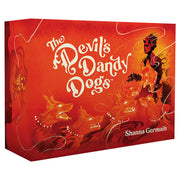 The Devil's Dandy Dogs - Red rectangular box with fiery devil illustration and white retro-style text "The Devil's Dandy Dogs" by Shanna Germain.