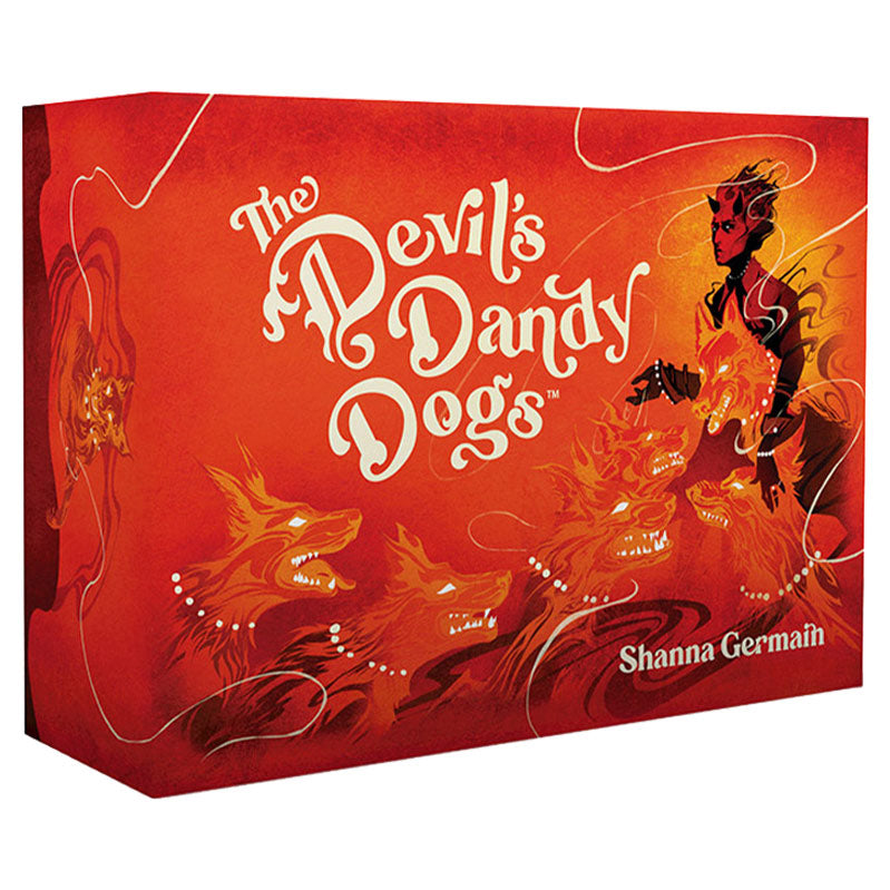 The Devil's Dandy Dogs - Red rectangular box with fiery devil illustration and white retro-style text "The Devil's Dandy Dogs" by Shanna Germain.