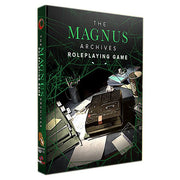 The Magnus Archives RPG - Black game box with green spiderweb design featuring a large book, scattered papers, pens, and a pair of glasses on the.