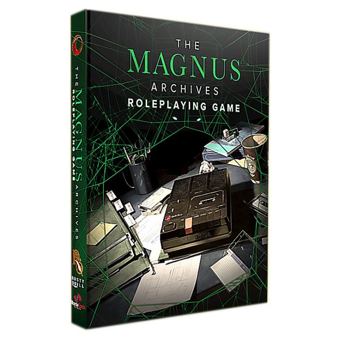 The Magnus Archives RPG - Black game box with green spiderweb design featuring a large book, scattered papers, pens, and a pair of glasses on the.