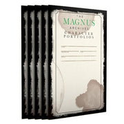 The Magnus Archives: Character Portfolios - Stack of five black-bordered booklets titled The Magnus Archives Character Portfolios with aged paper design and faint.