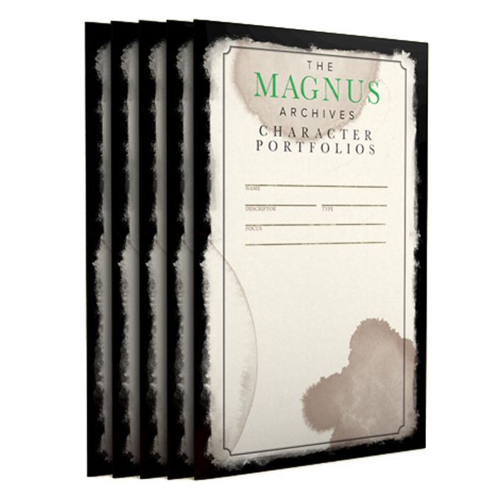 The Magnus Archives: Character Portfolios - Stack of five black-bordered booklets titled The Magnus Archives Character Portfolios with aged paper design and faint.