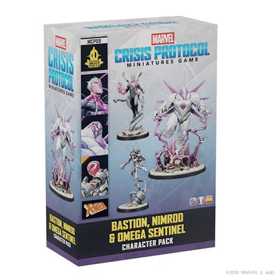 Marvel: Crisis Protocol – Bastion, Nimrod & Omega Sentinel - Marvel Crisis Protocol character pack box featuring detailed purple and white robotic miniatures Bastion, Nimrod, and Omega.