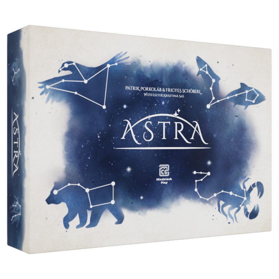Astra - Rectangular game box with navy blue constellation illustrations of a bird, bear, and scorpion on a white background labeled.
