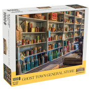 Ghost Town General Store 1000 Piece Puzzle - 1000-piece puzzle box featuring a detailed colorful old-fashioned general store shelf scene with vintage bottles and.