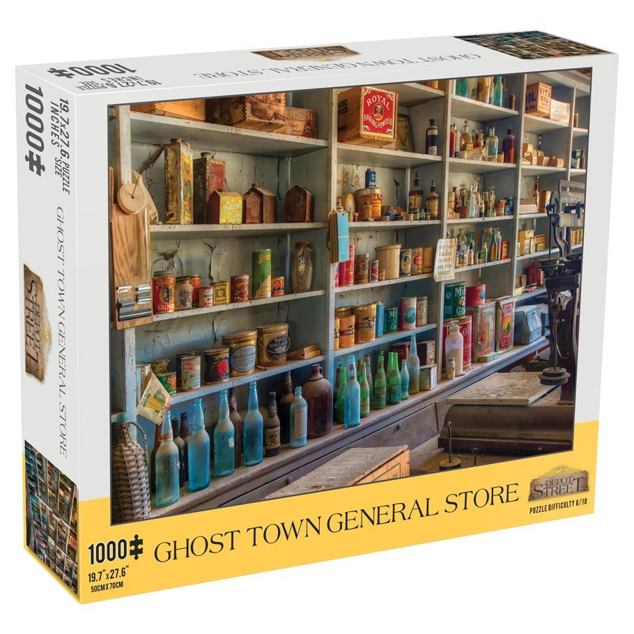 Ghost Town General Store 1000 Piece Puzzle - 1000-piece puzzle box featuring a detailed colorful old-fashioned general store shelf scene with vintage bottles and.