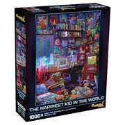 Puzzle: The Happiest Kid in World 1000pc - Colorful 1000-piece jigsaw puzzle box featuring a vibrant, cluttered kid's room filled with toys, books, and retro.
