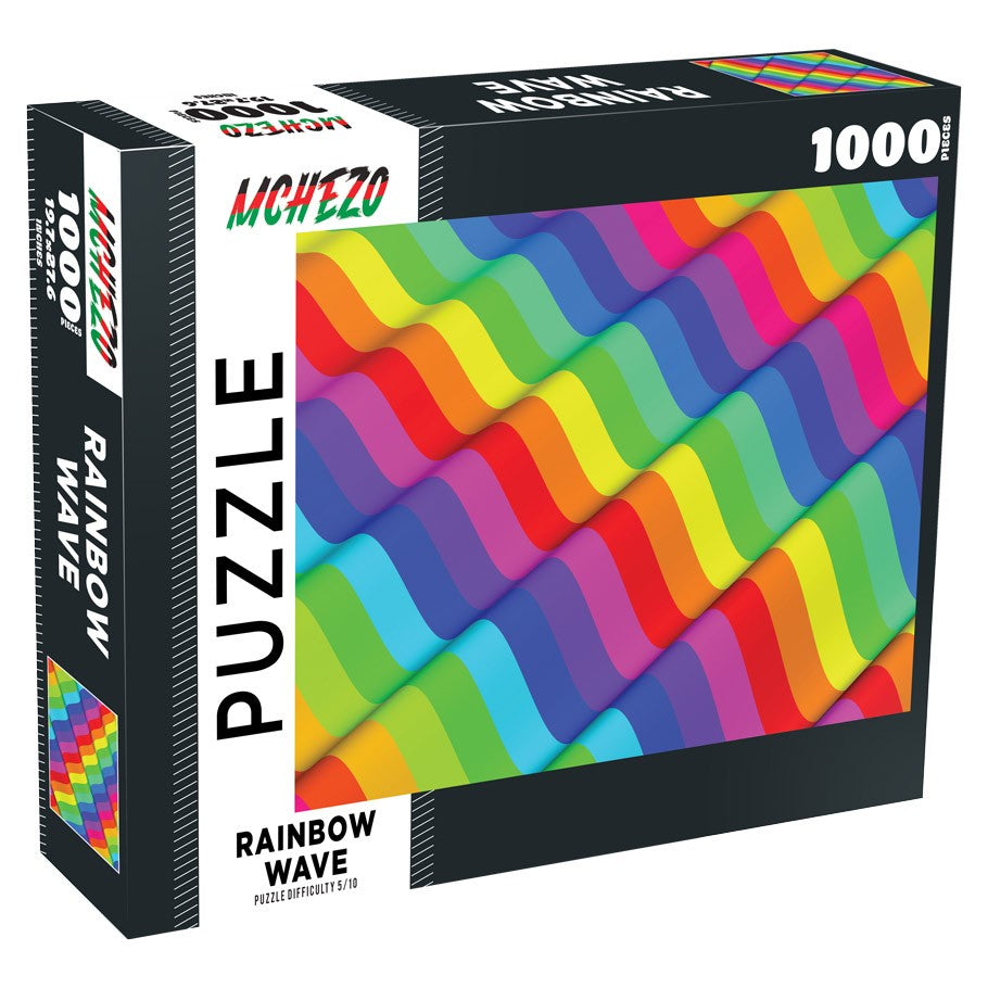 Rainbow Wave 1000 Piece Puzzle - Colorful 1000-piece puzzle box featuring wavy rainbow stripes in red, orange, yellow, green, blue, and purple.
