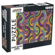 Loops Within Loops 1000 Piece Puzzle - Colorful interlocking curved loops forming a vibrant, abstract pattern on a 1000-piece puzzle box.