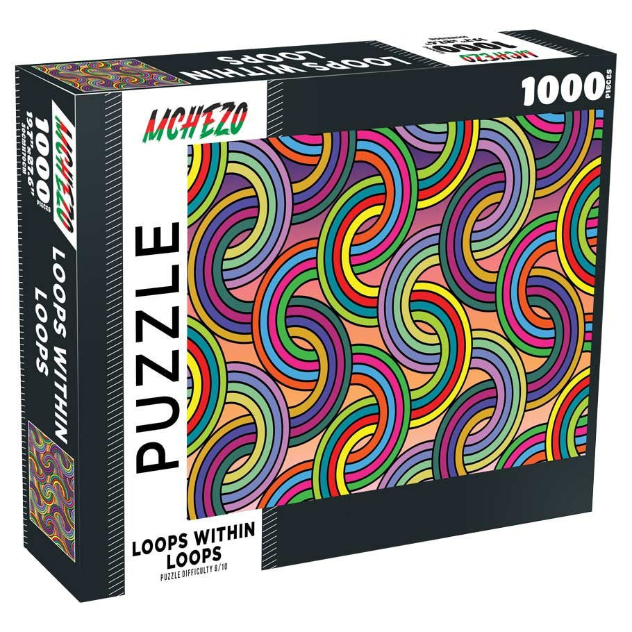 Loops Within Loops 1000 Piece Puzzle - Colorful interlocking curved loops forming a vibrant, abstract pattern on a 1000-piece puzzle box.