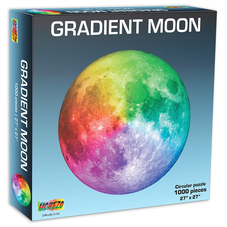 Puzzle: Gradient Moon 1000pcs - 1000-piece circular puzzle featuring a moon with a rainbow gradient from red to green to blue.