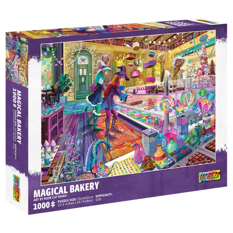 Puzzle: Magical Bakery 1000pc - Colorful 1000-piece puzzle featuring a whimsical bakery scene with vibrant sweets, lollipops, and cozy interior.