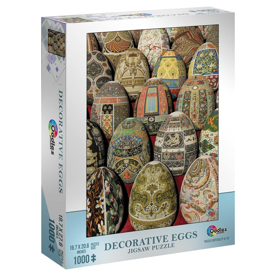 Decorative Eggs 1000 Piece Puzzle - 1000-piece puzzle featuring colorful, intricately patterned decorative eggs in various shapes and designs.