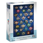 Teapot Collection 1000 Piece Puzzle - 1000-piece puzzle box featuring colorful teapots in various styles on a dark blue background.