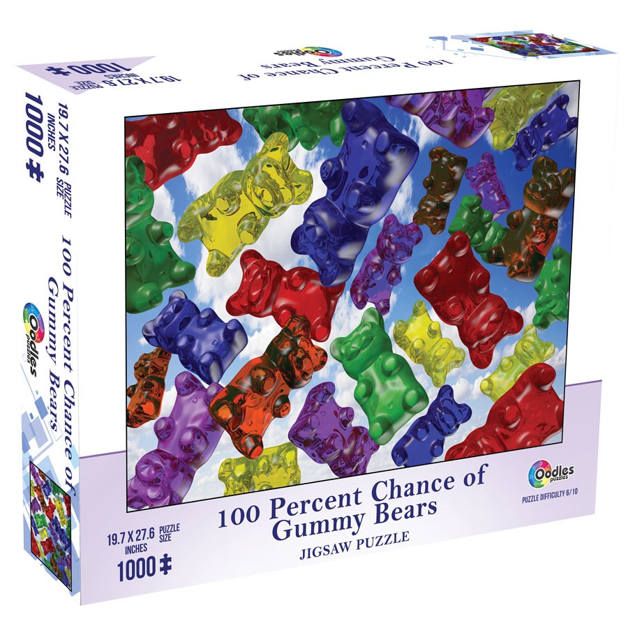 100% Chance of Gummy Bears 1000 Piece Puzzle - Colorful gummy bears in red, yellow, green, blue, and purple on a 1000-piece puzzle box.
