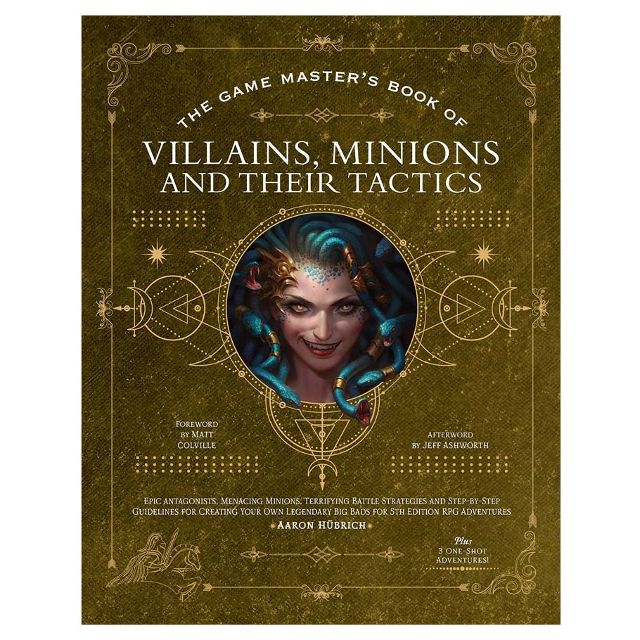 D&D 5E: Game Master's Book of Villains, Minions and Their Tactics - Brown hardcover book titled "The Game Master's Book of Villains, Minions and Their Tactics" with ornate gold border and.