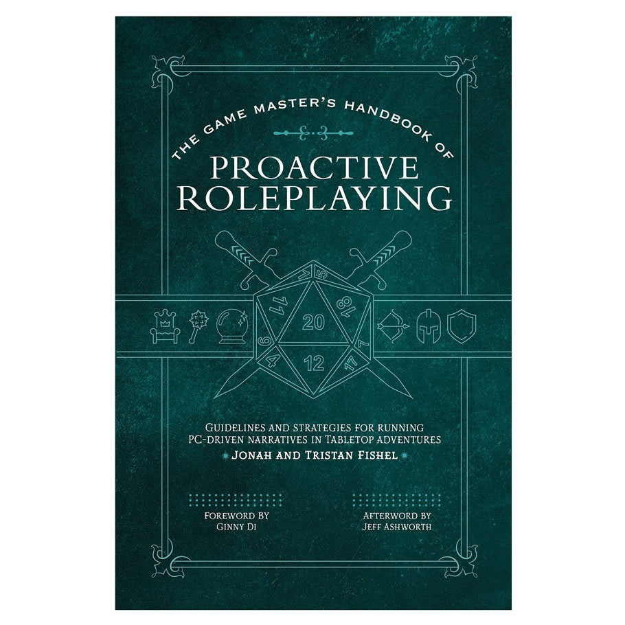D&D 5E: Book of Proactive Roleplaying - Teal hardcover book titled "The Game Master's Handbook of Proactive Roleplaying" with fantasy-themed line art and a 20-sided