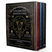 D&D 5E: Box of Unlimited Adventure - Dungeons & Dragons Game Master’s Box featuring three hardcover adventure books with black, red, and blue covers.