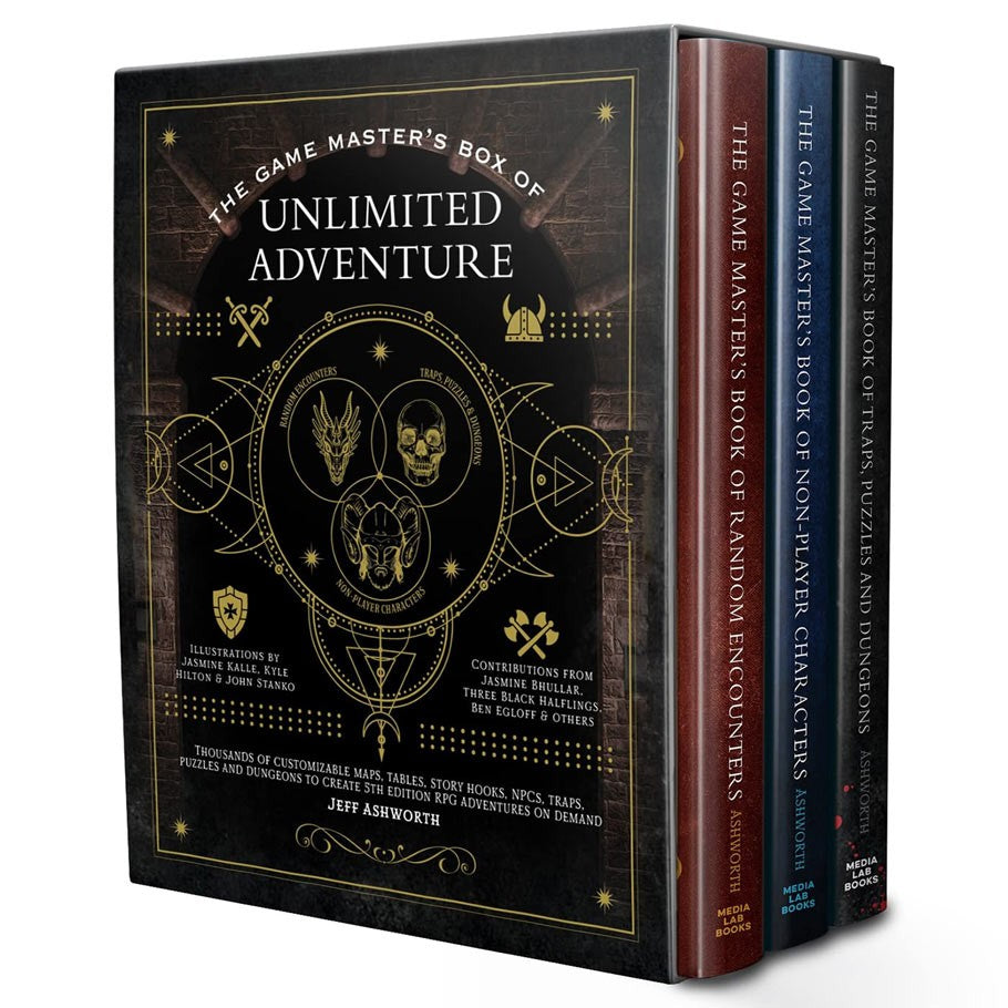 D&D 5E: Box of Unlimited Adventure - Dungeons & Dragons Game Master’s Box featuring three hardcover adventure books with black, red, and blue covers.