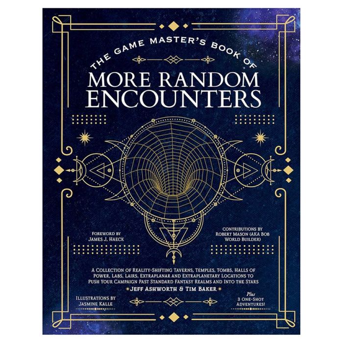 D&D 5E: The Game Master's Book of More Random Encounters - Dark blue hardcover book with intricate gold geometric designs and text reading "The Game Master's Book of More Random.