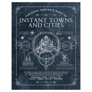 D&D 5E: Game Master's Book of Instant Towns and Cities - Dark blue book cover with white ornate designs, featuring a central illustration of a detailed fantasy castle surrounded by.