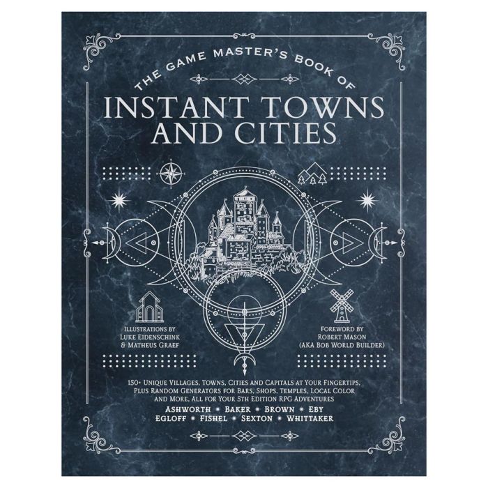 D&D 5E: Game Master's Book of Instant Towns and Cities - Dark blue book cover with white ornate designs, featuring a central illustration of a detailed fantasy castle surrounded by.