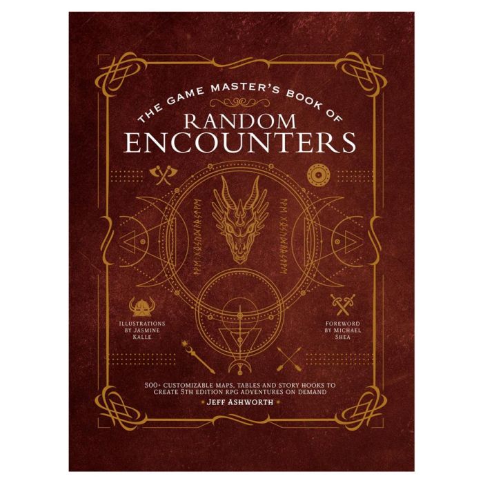 D&D 5E: Game Master's Book of Random Encounters - Dark red softcover book with gold ornate border and fantasy-themed symbols titled The Game Master's Book of Random.