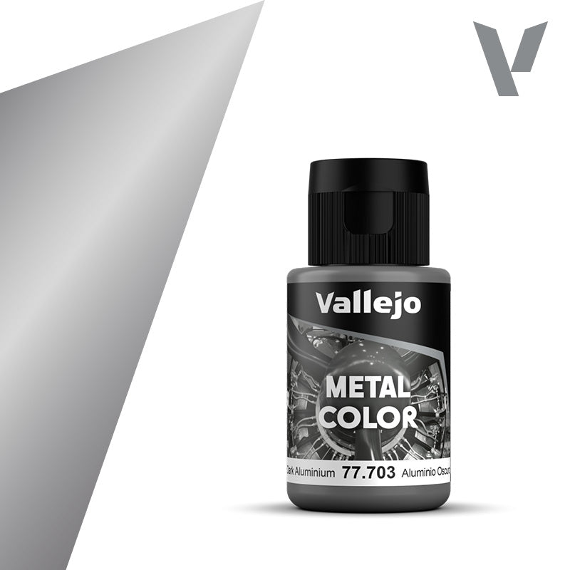 Vallejo Metal Color: Dark Aluminium (32ml) - Small black plastic bottle of Vallejo Metal Color paint labeled Dark Aluminium with silver and gray accents on the label.