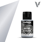 Vallejo Metal Color: White Aluminium (32ml) - Small bottle of Vallejo Metal Color paint in white aluminum with black screw cap and detailed label.