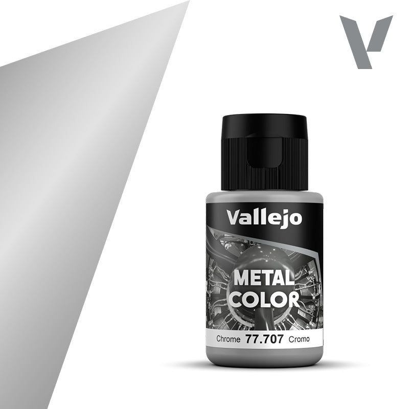 Vallejo Metal Color: Chrome (32ml) - Small black plastic bottle of Vallejo Metal Color paint with chrome finish label and black flip-top cap.