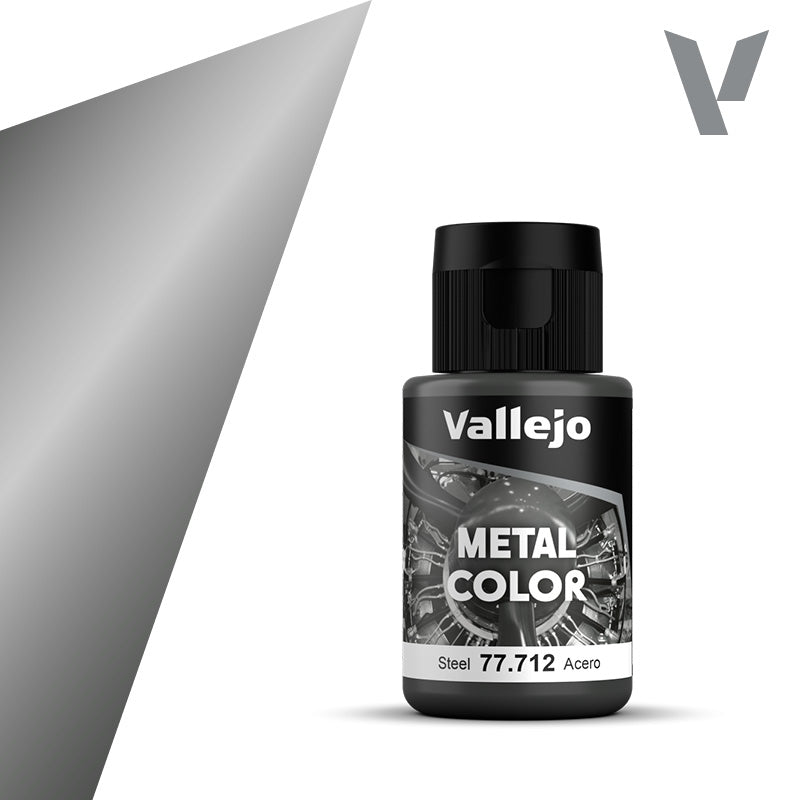 Vallejo Metal Color: Steel (32ml) - Small black plastic bottle of Vallejo Metal Color paint labeled Steel 32ml with metallic silver gradient background and.