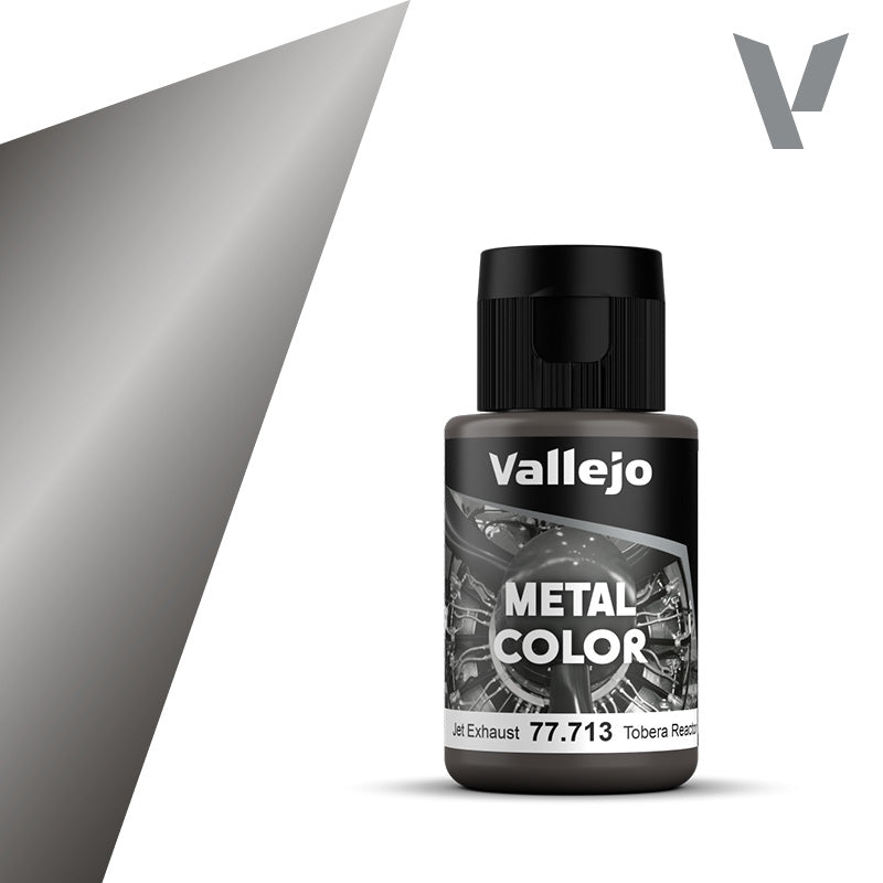 Vallejo Metal Color: Jet Exhaust (32ml) - Small black plastic bottle of Vallejo Metal Color paint in Jet Exhaust shade with metallic gray label and black screw cap.