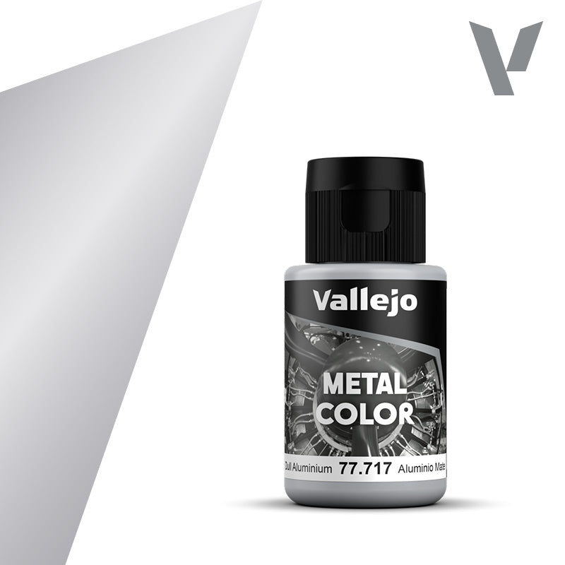 Vallejo Metal Color: Dull Aluminium (32ml) - Small cylindrical bottle of Vallejo Metal Color paint in dull aluminium with black flip-top cap and metallic-themed label.
