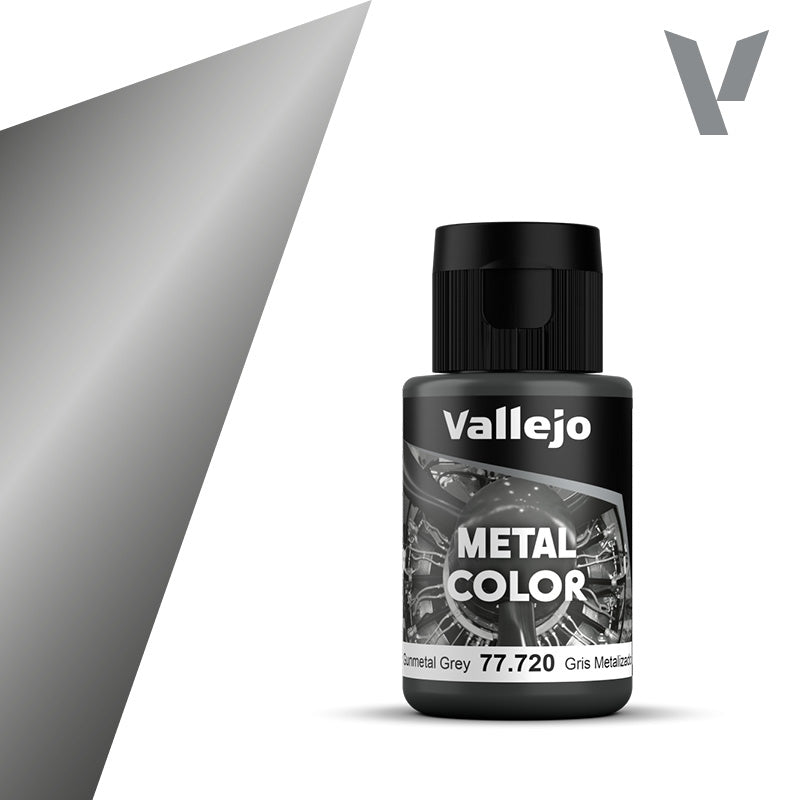 Vallejo Metal Color: Gunmetal Grey (32ml) - Small black plastic bottle of Vallejo Metal Color paint labeled Gunmetal Grey with silver metallic color swatch on label and